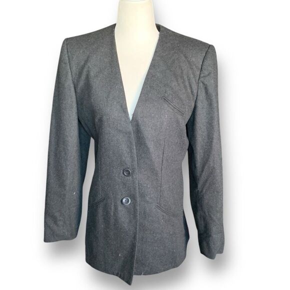Vintage 90s Wool Blend Collarless Blazer Jacket Charcoal Gray Two-Button - Picture 1 of 13